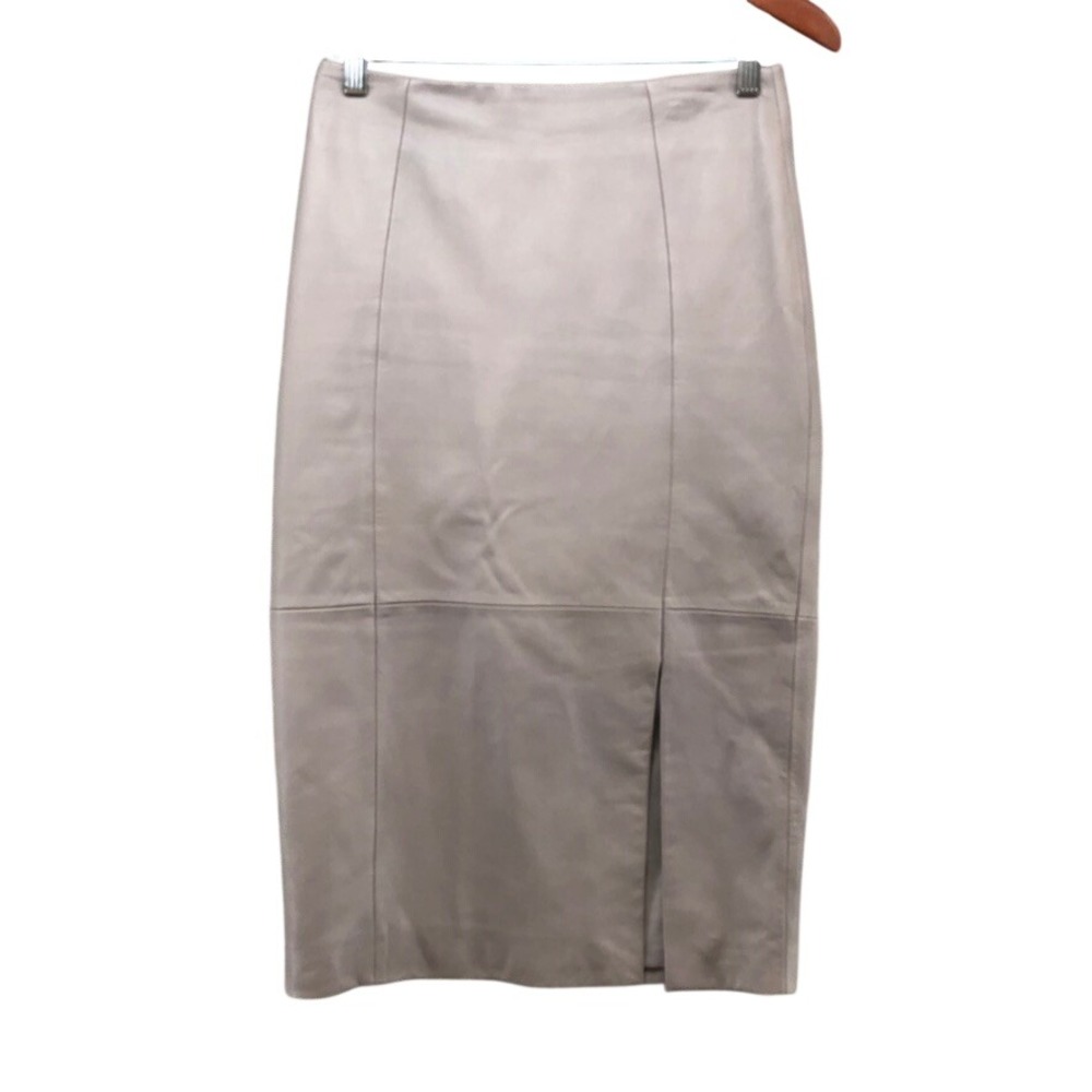Reiss Grace Pencil Skirt Womens 4 Beige Sheep Leather Midi Slit Taupe Career